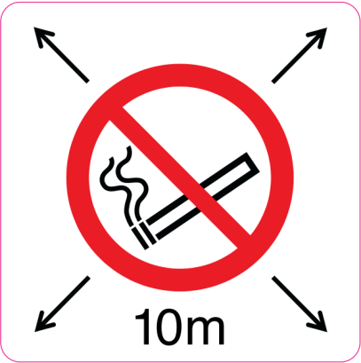 Pictogram: verboden te roken binnen een straal van 10 meter.